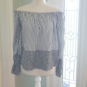 Express off shoulder top, stripe and checkered pattern, medium